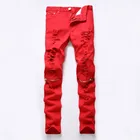 Мужские и женские рваные джинсы, байкерские джинсы на молнии с дырками до колена, облегающие хлопковые джинсы красного, белого и черного цветов, Прямая поставка