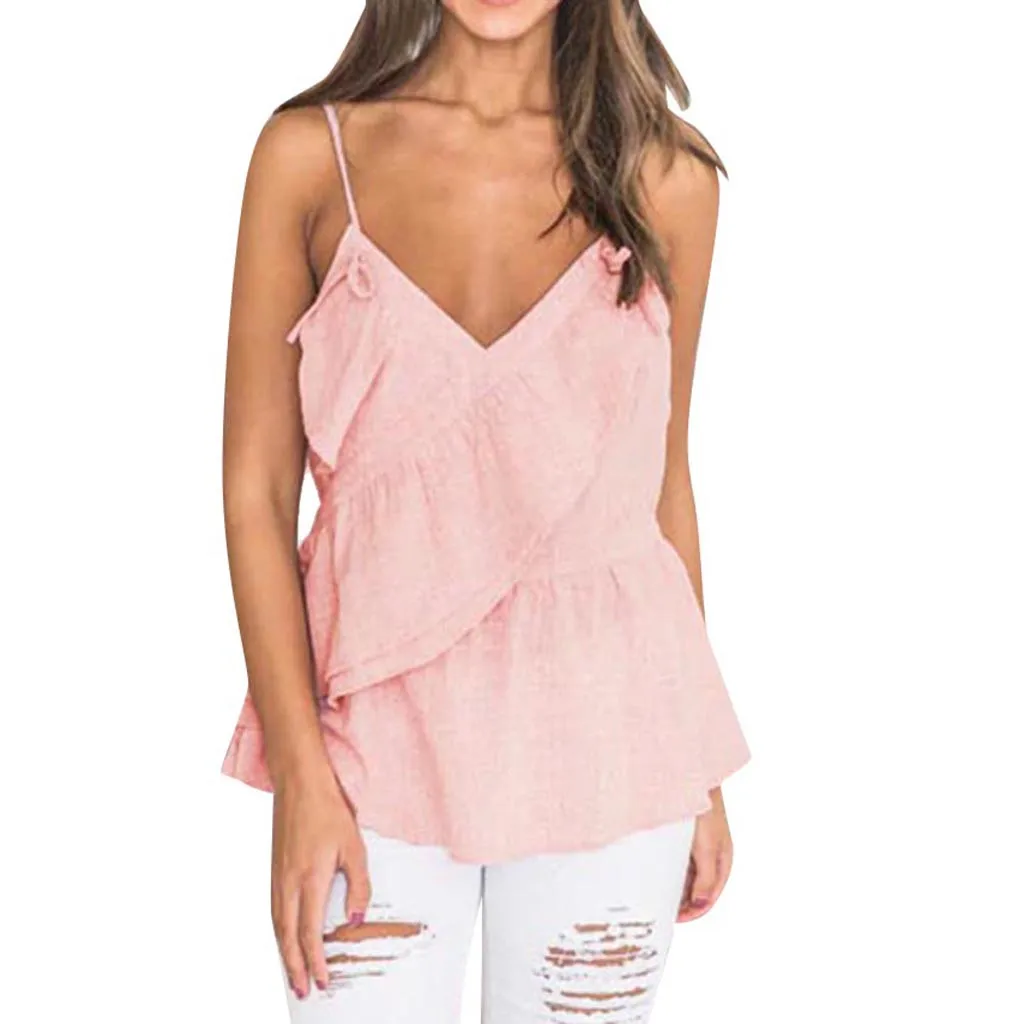 Женский сексуальный топ с v образным вырезом без рукавов оборками на бретелях