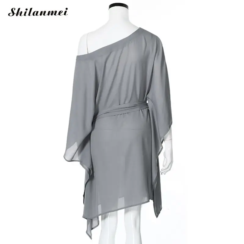 Fashion Women Chiffon Dress Spring Autumn Strapless Casual Solid Loose Batwing Sleeve Mini With Belt Irregular Beach | Женская одежда