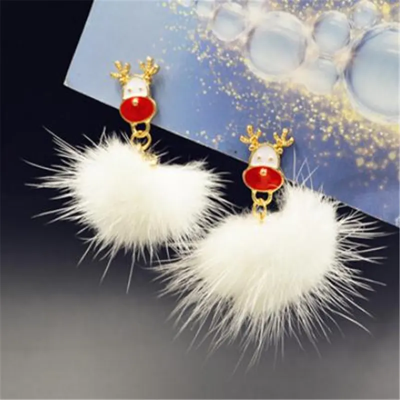 white DoreenBeads полиэстер серьги Золотой Рождественский X'mas олень Pom мяч эмаль многоцветные Стразы 50 мм("), 1 пара - Окраска металла: white
