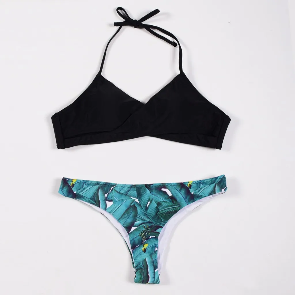 Женский купальник однотонный черный топ лист зеленый с пуговицами на бретельках