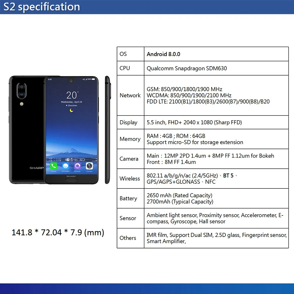 Смартфон Sharp AQUOS S2 C10, 4 Гб+ 64 ГБ, 5,5 дюймов, FHD+ Android8.0, Восьмиядерный, 12 Мп+ 8 Мп, NFC, отпечаток пальца, 4G, глобальная версия