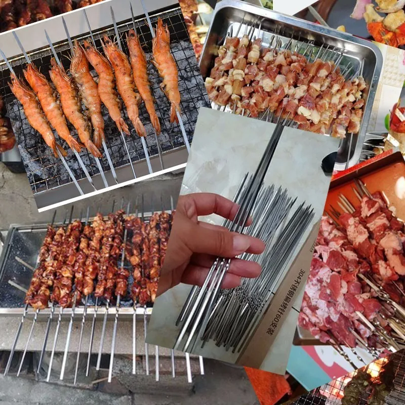 10Pcs BBQ Sticks Needle Stainless Steel Flat Barbecue Forks Picnic Tool Skewers Utensil Cooking Iron Kitchen Meat Holder | Дом и сад