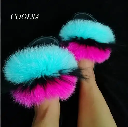 2 COOLSA/Новые модные женские тапочки с натуральным лисьим мехом; милые пушистые пляжные шлепанцы; женские разноцветные меховые плюшевые тапочки; - Цвет: 2