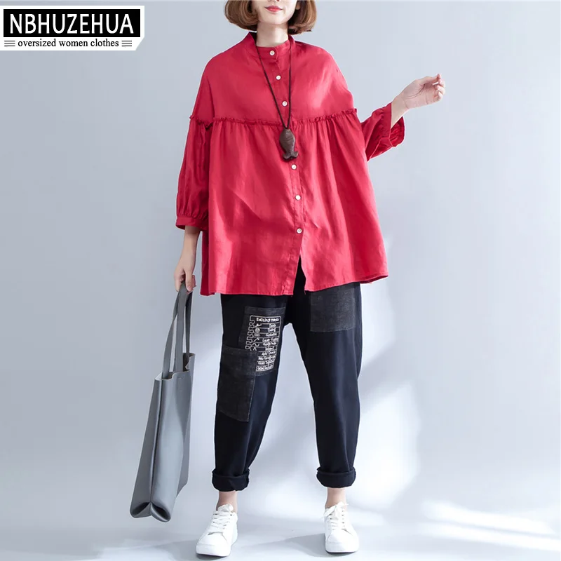 Женская винтажная рубашка NBHUZEHUA 7G337 4XL 5XL 6XL повседневная красная льняная в