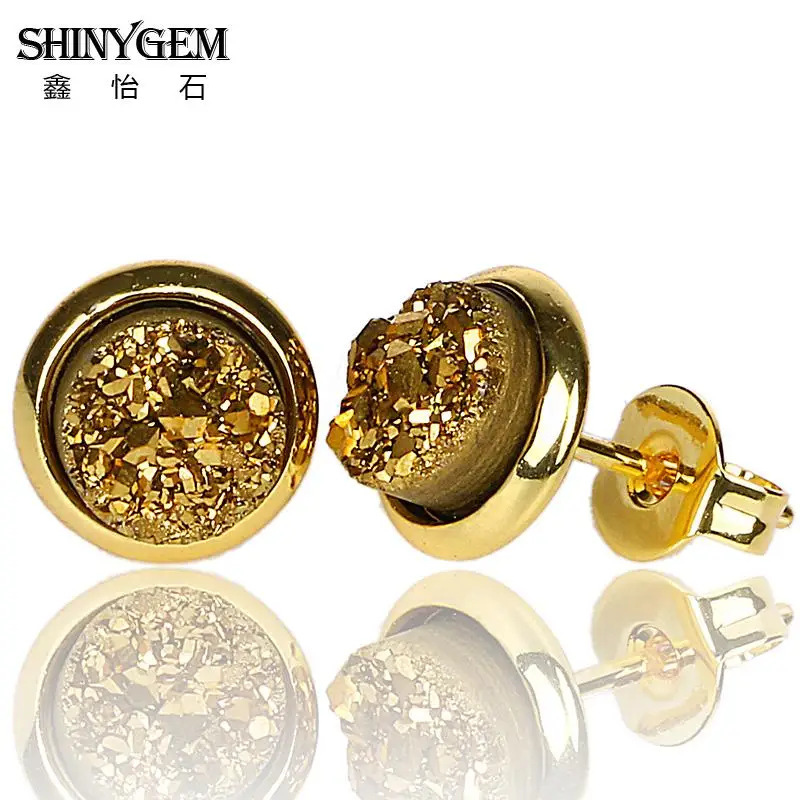 ShinyGem 6 мм/8 мм/10 мм/12mm круглый Агат Серьги позолота Натуральный камень гвоздики милые минеральная Кристаллические серьги для Для женщин - Окраска металла: Gold