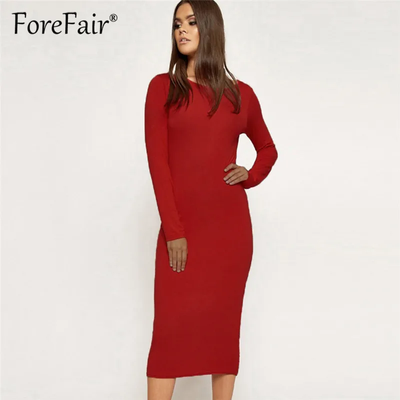 Женское облегающее платье с круглым вырезом Forefair черное однотонное средней