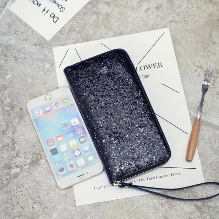 Hot Selling Women Long Wallet Sparkly Sequins PU Leather Bag Hand-held Phone Card Holder-B5
