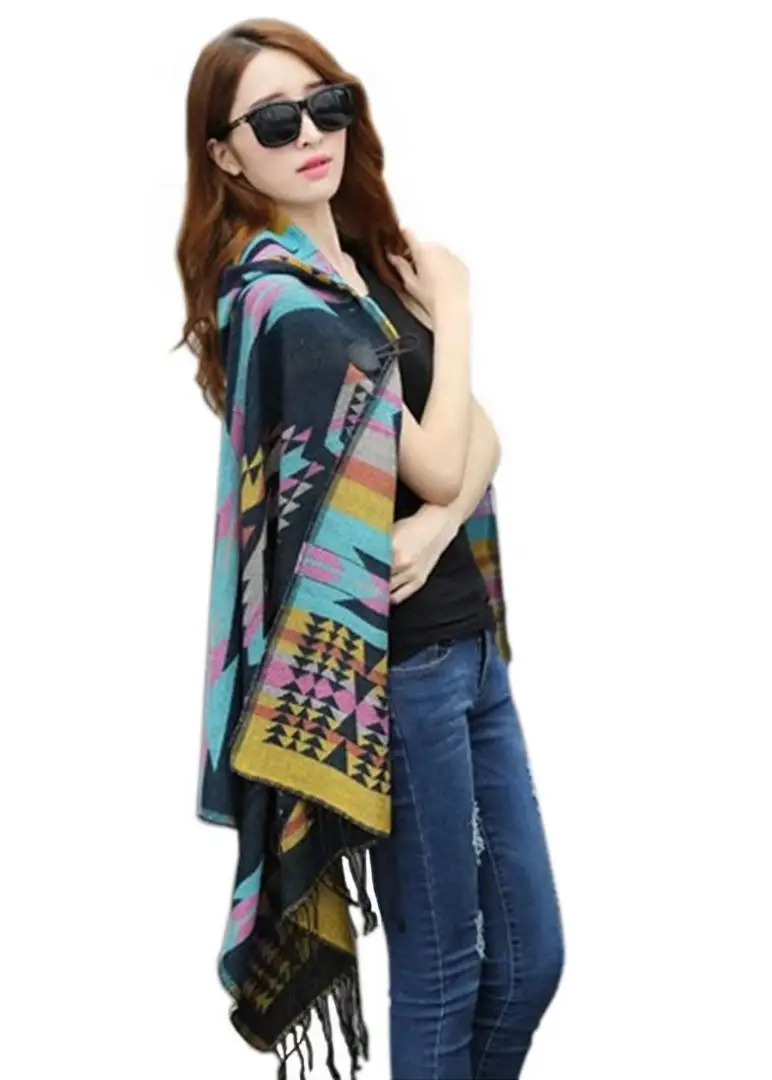 2015 New Top Fashion Adult Wool Women Fantasia Feminina Bandana Bohemian Collar Plaid Cape Cloak Jacket Coat Shawl | Аксессуары для