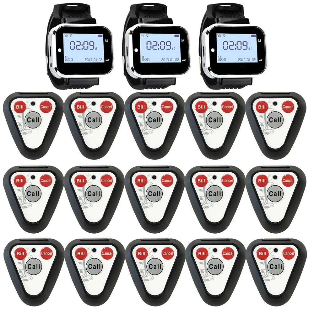 

JINGLE BELLS Wireless Calling System 15 Calling Buttons 3 Watch Pager for Restaurant Equipment/ Call Bells for hotel, cafe, spa