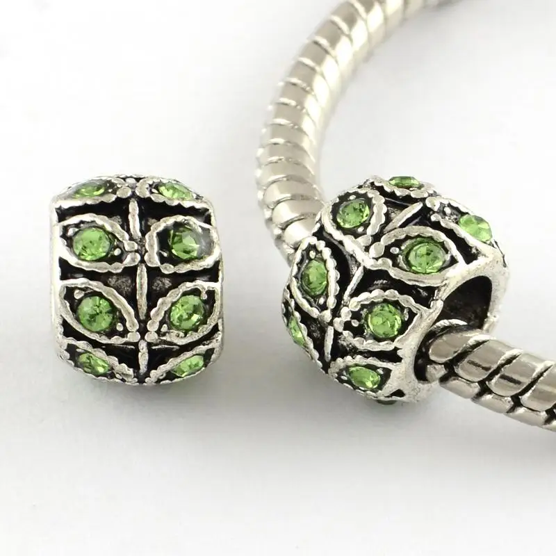 50pcs Antique Silver Plated Alloy Rhinestone Large Hole European Beads Rondelle with Leaf Mixed Color 9x7mm | Украшения и
