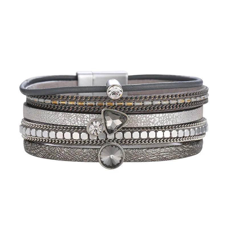 

Leather Bracelets for Women Trendy Rhinestone Crystal Charm Femme Wide Bracelets & Bangles Female Jewelry