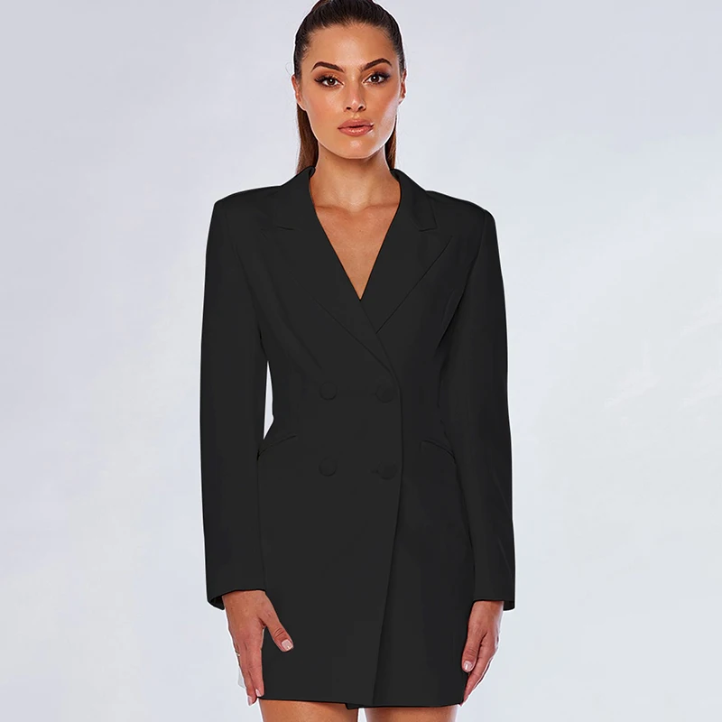 Colysmo Sexy Blazer Dress Women Autumn Slim Fit Bodycon Pockets Ffice Lady Short Dress Double Breasted Work Wear Pink Dress - Цвет: Black