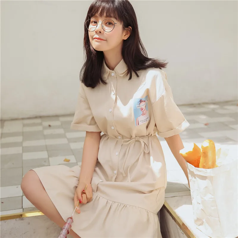 Женские Kawaii новые летние студенческие однобортные гофрированные платья рубашка