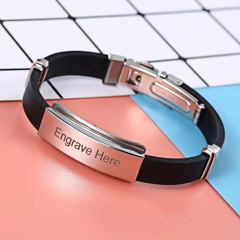 

Engraving Custom ID Text Name Bar Bracelet Black Red Color Couple Silicone Wristband Kids Adult Jewelry Girl Boy Birthday Gift