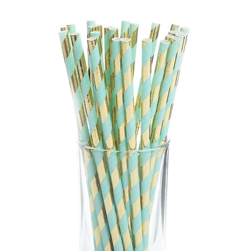 Straw 25pcs Розовое золото одноразовые столовые приборы Позолоченные бумажные соломы/чашки/имитация мрамора тарелка украшение стола Свадебные/День рождения/вечерние принадлежности - Цвет: Straw 25pcs