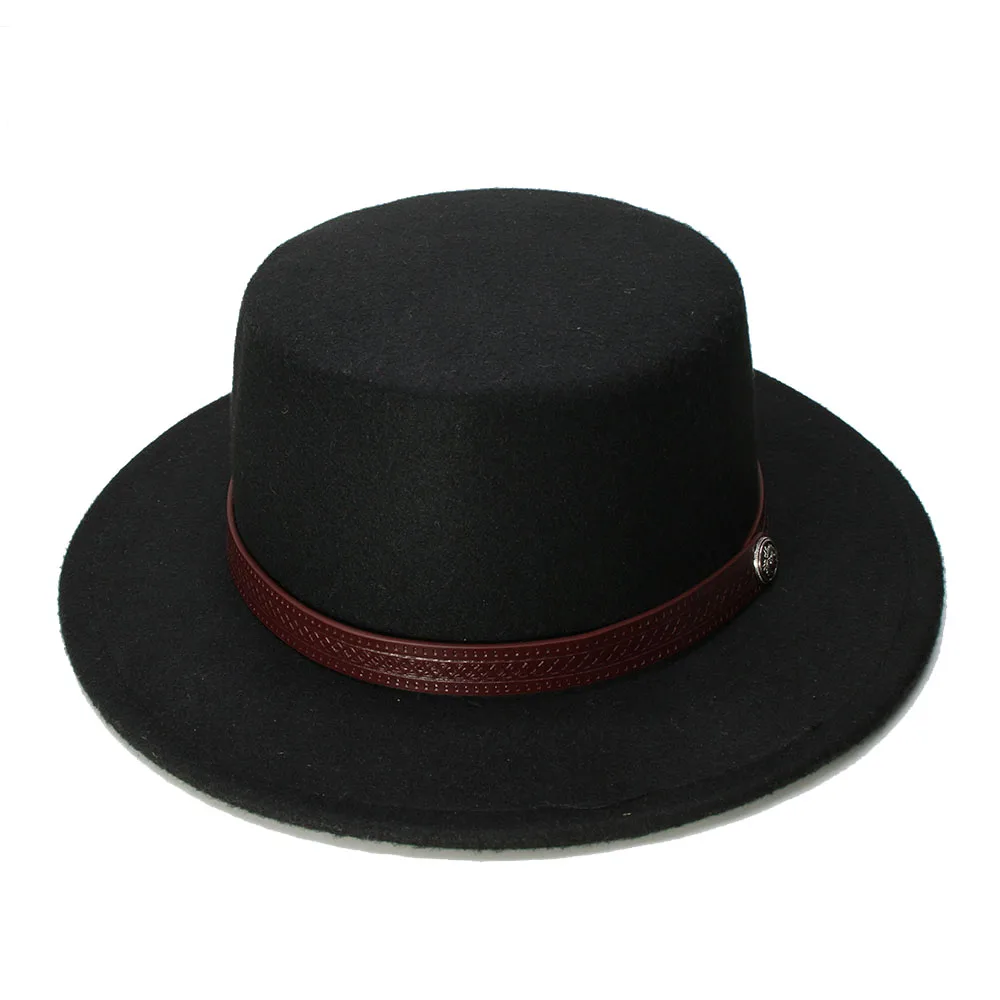 

LUCKYLIANJI Retro Kid Vintage 100% Wool Wide Brim Cap Pork Pie Porkpie Bowler Hat Solid Coffee Leather Band(54cm/Adjusted)