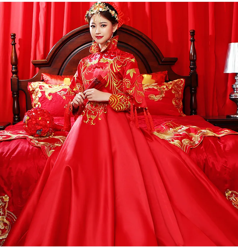 

Red traditional Chinese style Bride wedding Dresses Embroidery cheongsam gown robe Party evening dress marry Qipao Vestido