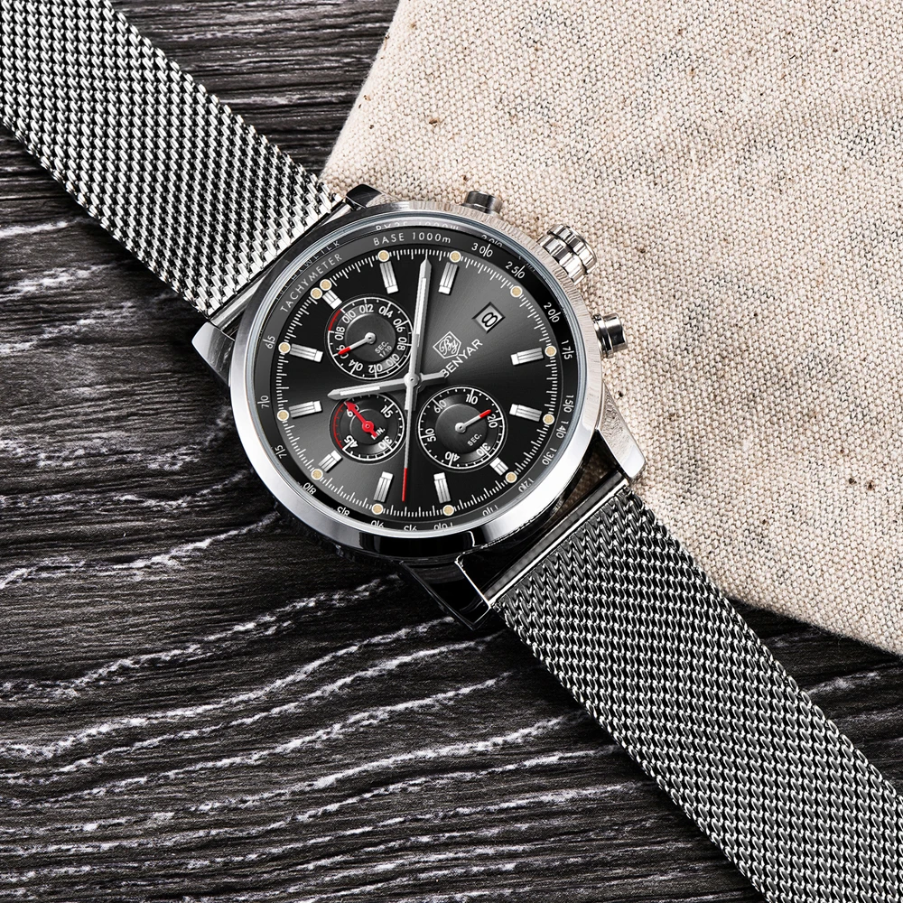 

Benyar Men Watch Top Brand Luxury Male mesh belt Waterproof Sport Chronograph Quartz Wrist Watch Military Men Clock relogio