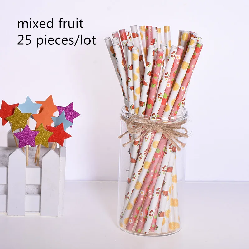 fruit mixed 25 шт. Топпер для торта Зеленые Бамбуковые бумажные соломинки для детей с днем рождения свадебные декоративные вечерние тропические принадлежности соломинки для питья - Цвет: fruit mixed