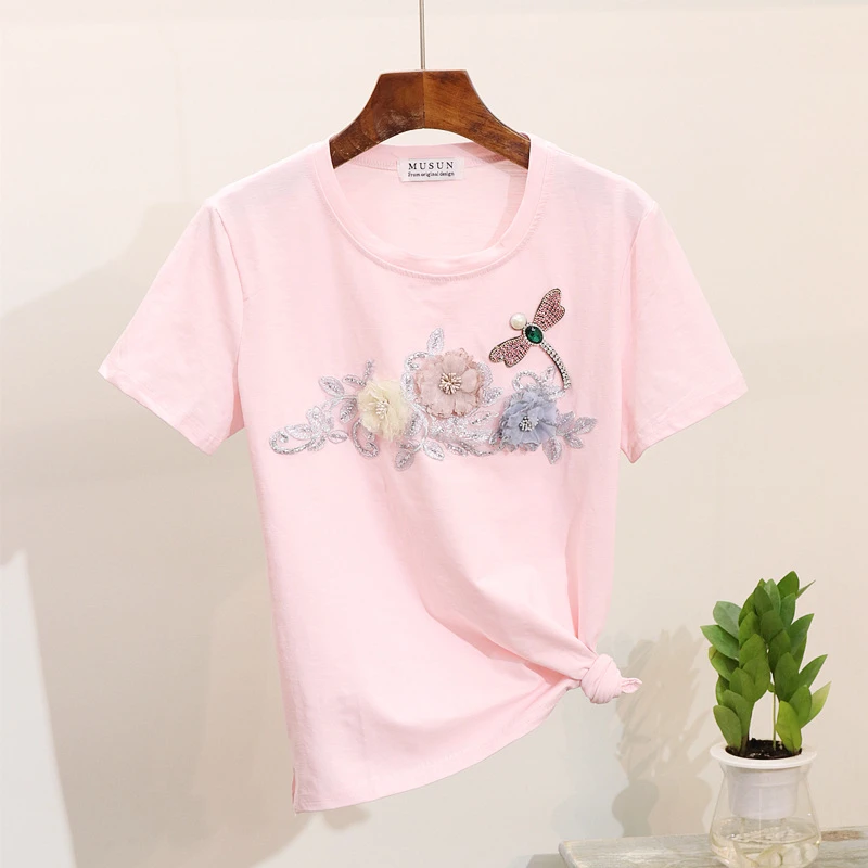 2019 весенне летняя женская футболка с коротким рукавом и цветком стрекозы + рваные