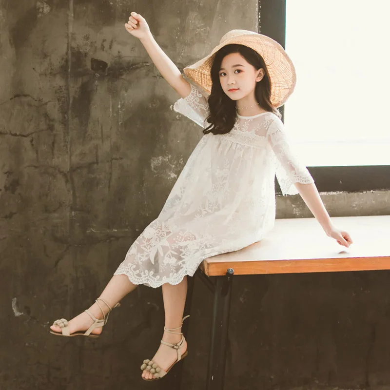 Кружевные Детские платья для девочек летние белые вечерние принцессы с