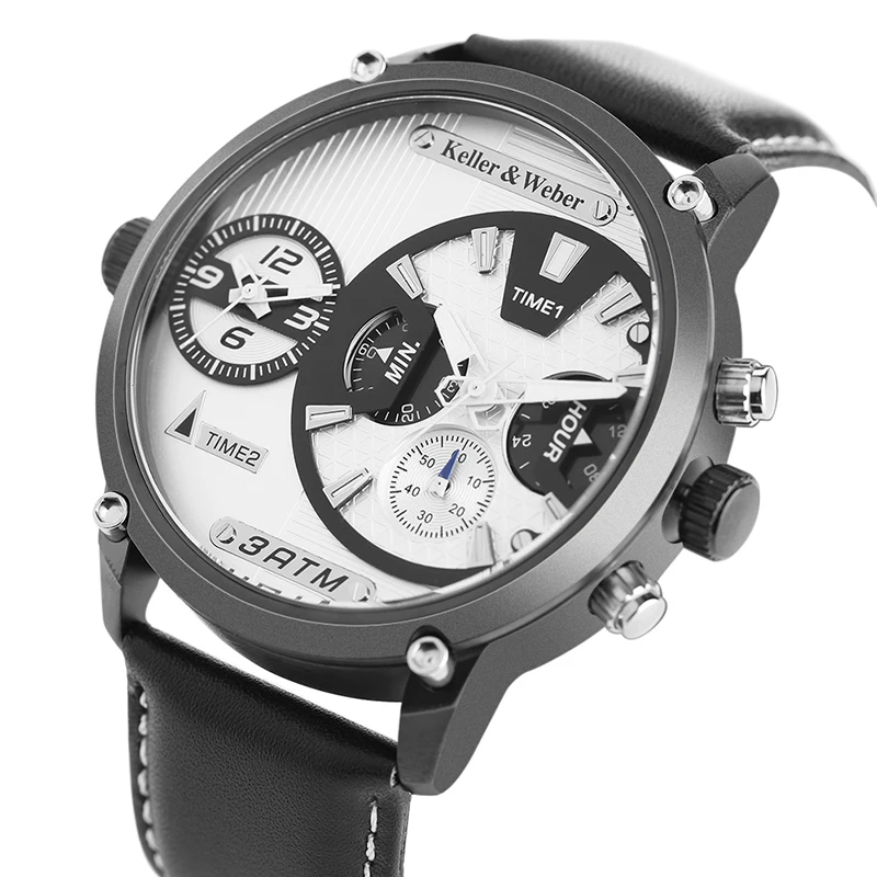 

Keller & Weber Trendy Men's Wristwatch Business Style Quartz Movement Dual Time Zone Real Leather Strap Anniversary Gift