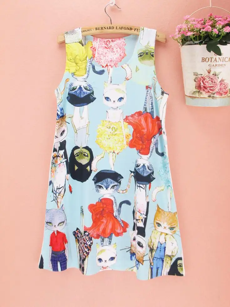 Милое Повседневное платье с рисунком кота для женщин vestido de festa Новинка 2015 года