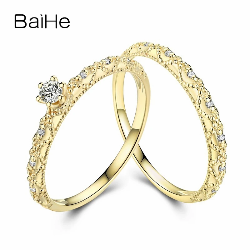 BAIHE Твердые 18 К желтого золота 0.10ct сертифицированные H/SI круглые огранки натуральные Алмазы обручальные женские модные ювелирные изделия кольцо
