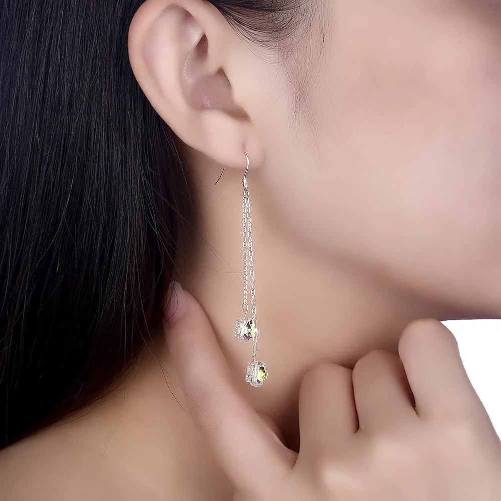 LEKANI кристаллами от Swarovski двойной цветок Кристалл Длинные серьги 100% стерлингового