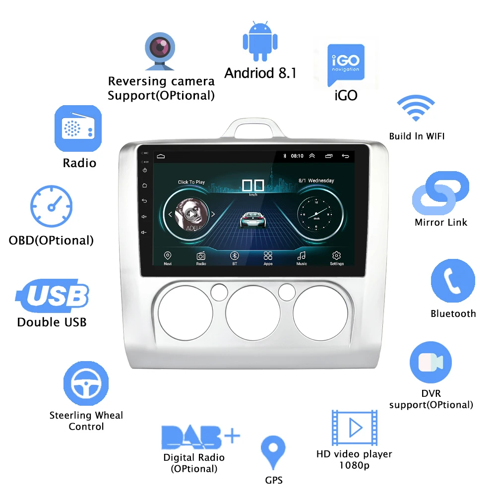 2din Android 8,1 автомобильный радиоприемник 9 дюймов gps навигация Bluetooth для 2005-2011 Ford Focu стерео Мультимедийный плеер авторадио