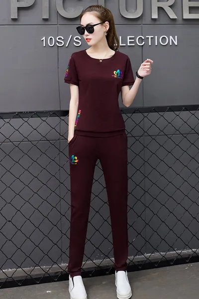 wine red Шарф с принтом Повседневная Спортивная одежда из двух частей женская рубашка с короткими рукавами+ брюки свободный Хлопковый чехол m-4XL L888 - Цвет: wine red
