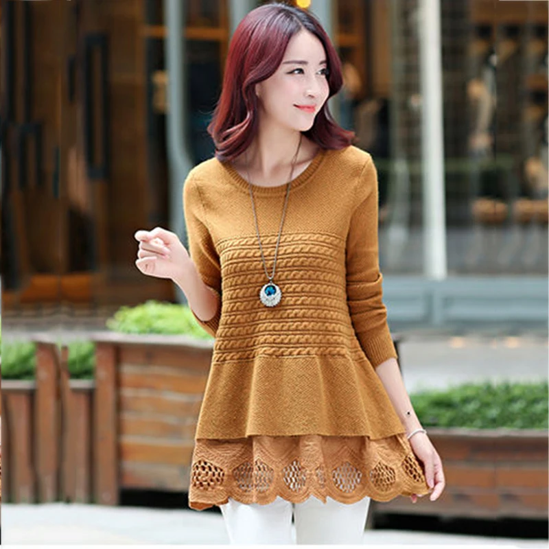 2018 New Autumn Women Flounce Splice Sweater Pullovers Basic Tops Elastic force O-neck Knit Casual plus size Sweaters Female | Женская