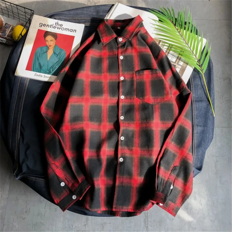 Spring Autumn Male Plaid Shirts INS Style White Red Black Long Sleeve Oversized Simple Top Shirt Plus Size | Мужская одежда