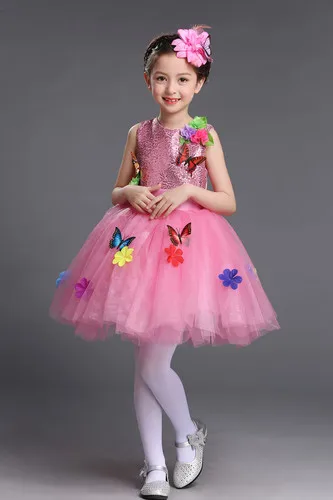 Pink butterfly Новое платье для танцев с блестками костюм с цветочным рисунком розовые платья принцессы для мальчиков и девочек лохматая газовая балетная пачка для латиноамериканских танцев, детский костюм для выступлений - Цвет: Pink butterfly