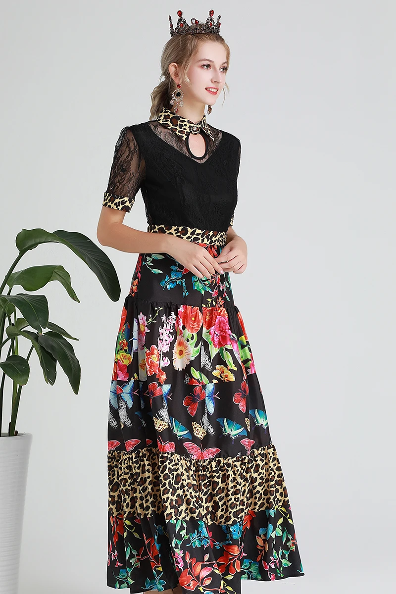 

MIUXIMAO 2019 Fall Lace Long Dress Fashion New Arrival Floral Butterfly Leopard Print High Quality Floor-Length Long Dress Women