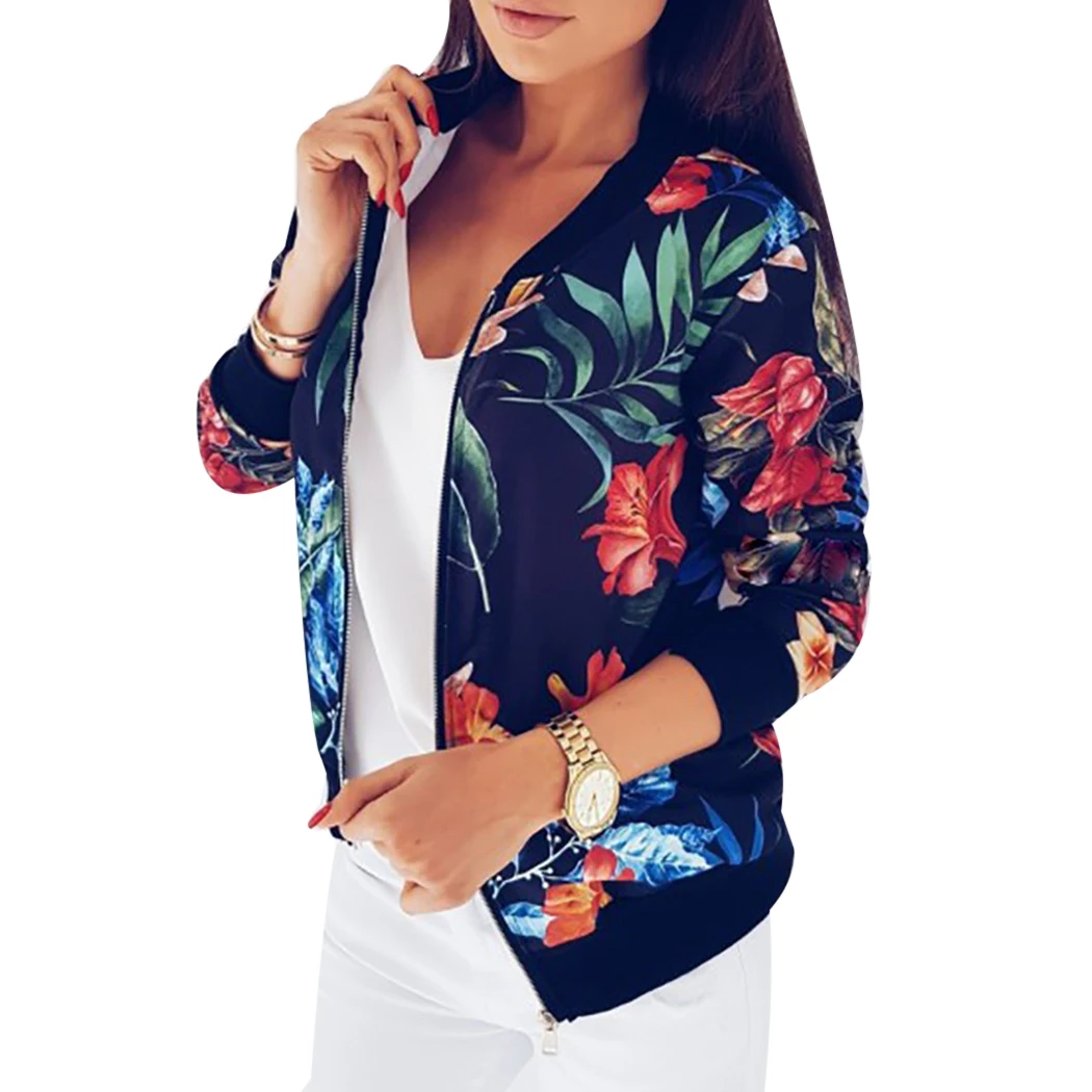 2018 винтажная куртка-бомбер с цветочным принтом Женское пальто на молнии большие