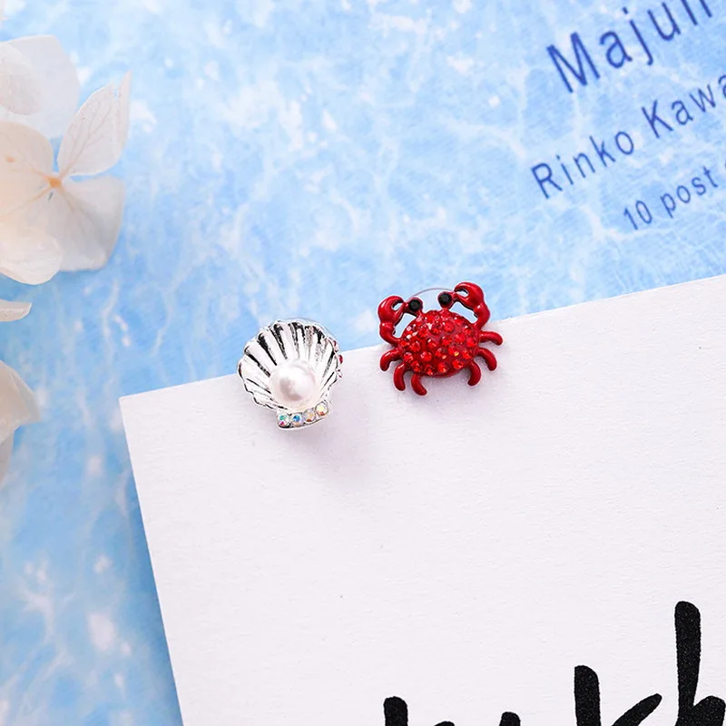 Cute Korean Rhinestone Ocean Starfish Dolphin Crab Stud Earrings for Women Creative Shell Pearl Fashion Jewelry MJ1433 | Украшения и
