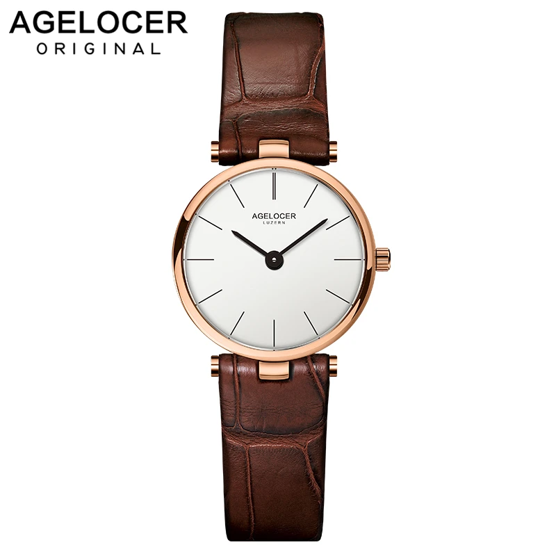 Роскошные Брендовые женские часы AGELOCER кожаные ультра тонкие золотые кварцевые