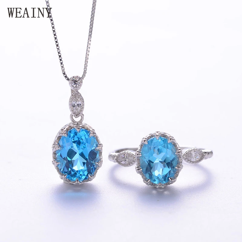 

WEAINY Natural Blue Topaz Jewelry Set 925 Pure Silver Princess Crown Ring Necklace Suits Fine Wedding Jewelry for Women