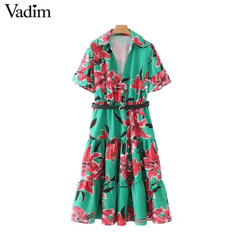 Вадим Женские винтажные с цветочным принтом платье миди v образным вырезом Пояса