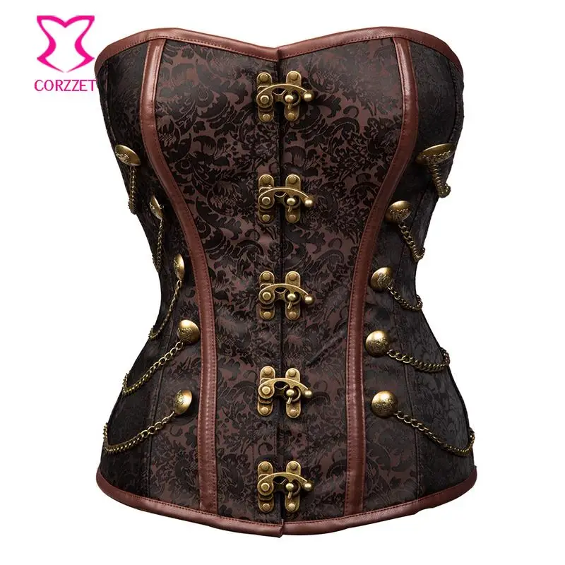Corzzet Retro Brown Leather Steel Boned And Chain Steampunk Overbust Corset Sexy Gothic Victorian Inspired Shapewear Espartilho