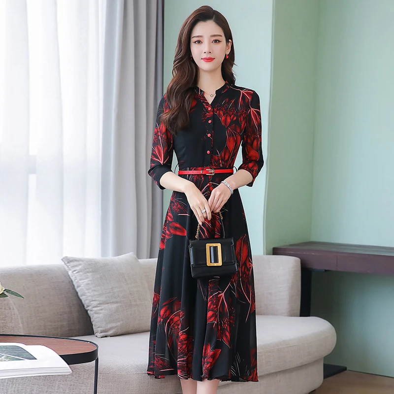 

2019 Summer New Arrival Plus Size M-3XL V Collar Three-quarter Sleeve A-line Woman Chiffon Long Dress Bohemian Beach Style