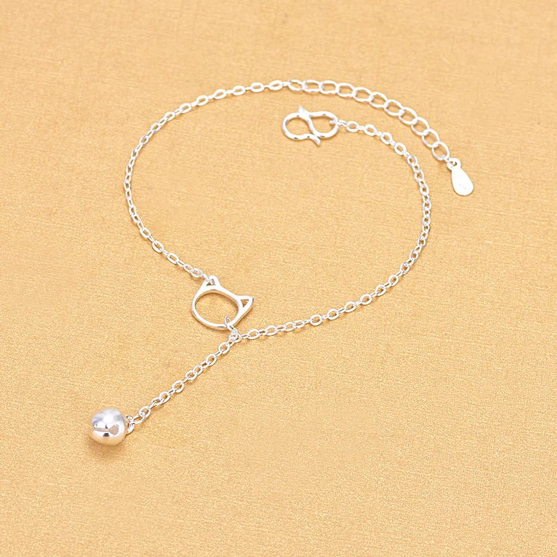 Браслеты цепочки из серебра 925 пробы с котом и колокольчиком|Гибкие жесткие