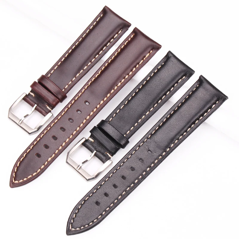 

HENGRC Vintage Watch Band Strap Black Dakr Brown Handmade Smooth Genuine Leather Watchband Watch Accessories Metal Buckle