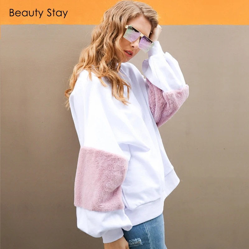 BeautyStay Loose Faux Fur Women Hoodies Sweatshirs Autumn Winter Long Sleeve Pullover Girl Oversize Patchwork Female Sweatshirt | Женская