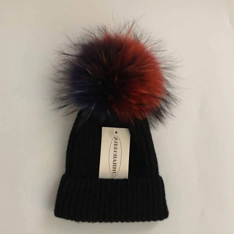 Children Black Повседневные помпоны из натурального Лисьего меха и норки, 15 см, Skullies Beanies, шапки для женщин и девушек, зимние шерстяные теплые шапки Skullies Beanies, шапки, Новые шапки - Color: Children Black