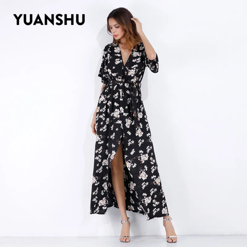 

YUANSHU Women Dress Elegant V Neck Slit Floral Chiffon Dress Summer Holiday Party Beach Dress