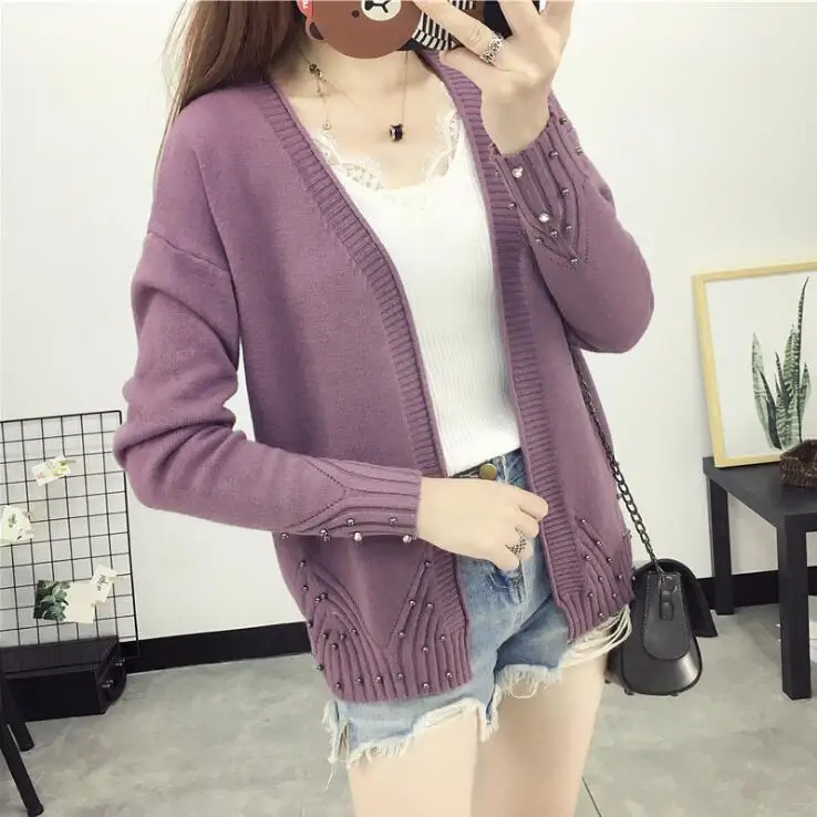 New Women Spring Autumn Sweater 2018 Cardigan Korean Slim Knit Outwear Coat Winter V Neck With Beading |
