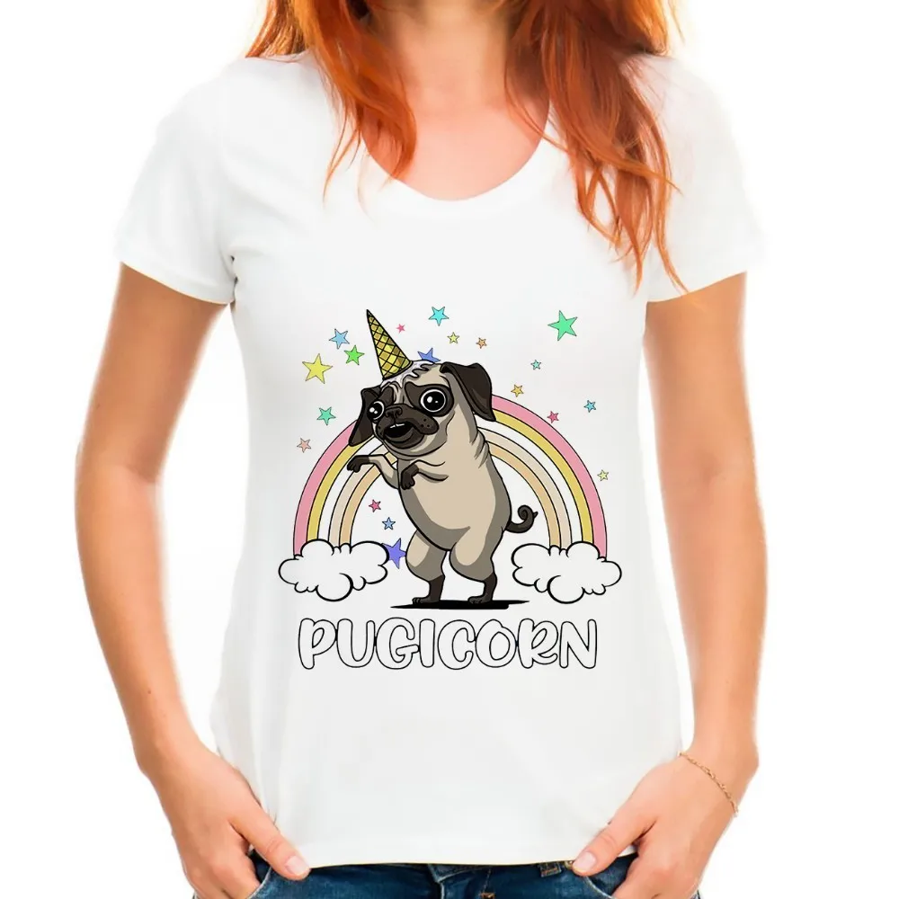 Pugicorn Funny horn Pug Fantasy Rainbow tshirt women 2018 summer new white casual breathable t shirt femme no glue t-shirt | Женская